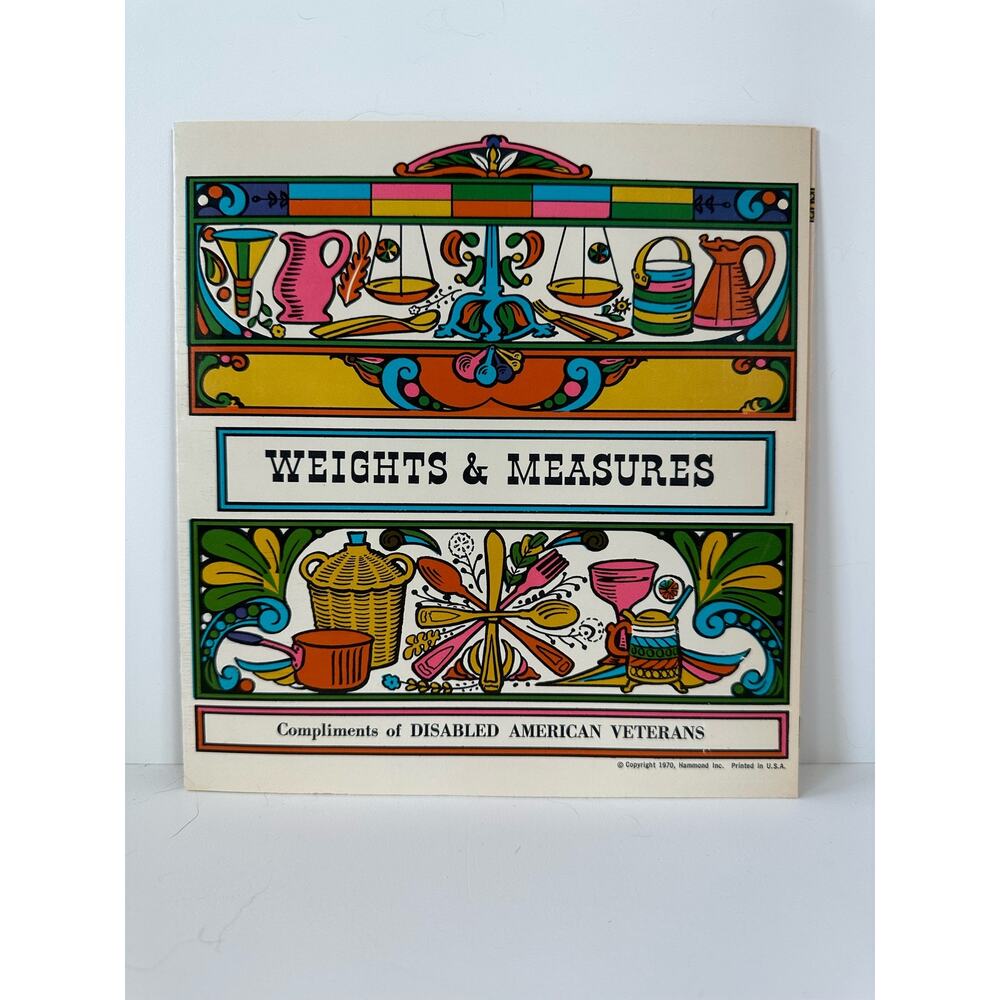 Retro 1970 Kitchen Weights & Measurements Chart THE REAL DEAL not a print 8"x8"